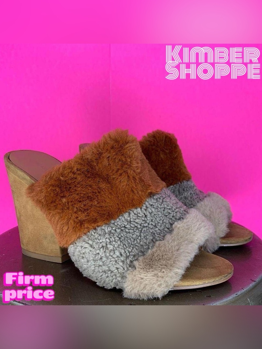 Treasure & Bond Tan Gray Brown Faux Fur Open Toe Mule Sandal US 7.5 UK 5.5 EU 38